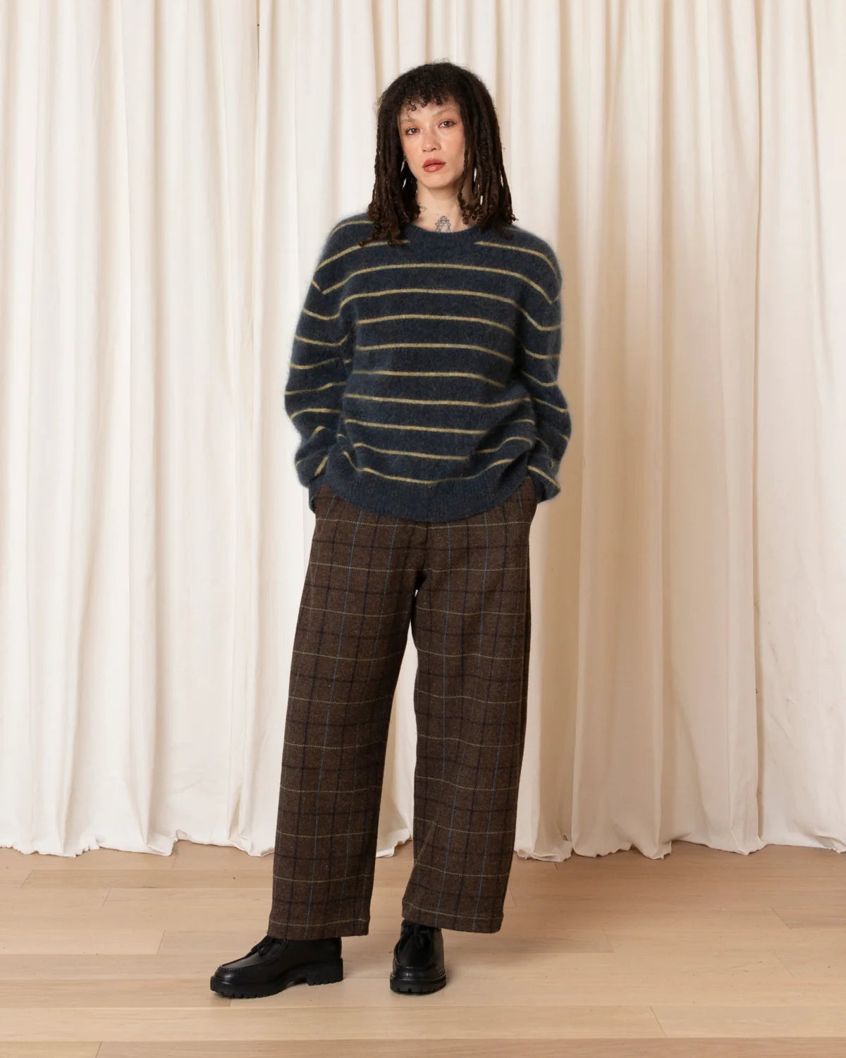 Wool Loose Barrel Pant - Taupe Multicolour Plaid