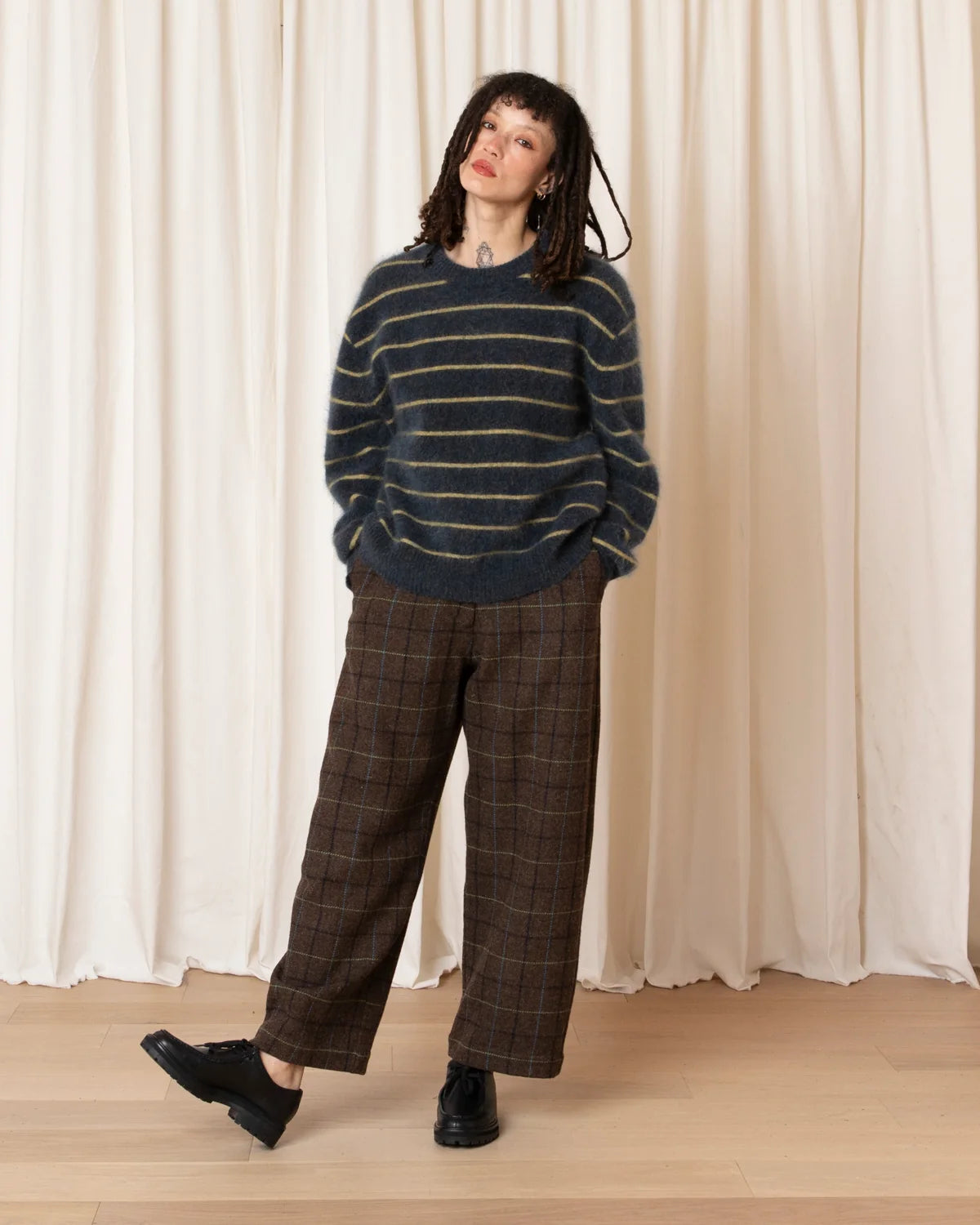Wool Loose Barrel Pant - Taupe Multicolour Plaid