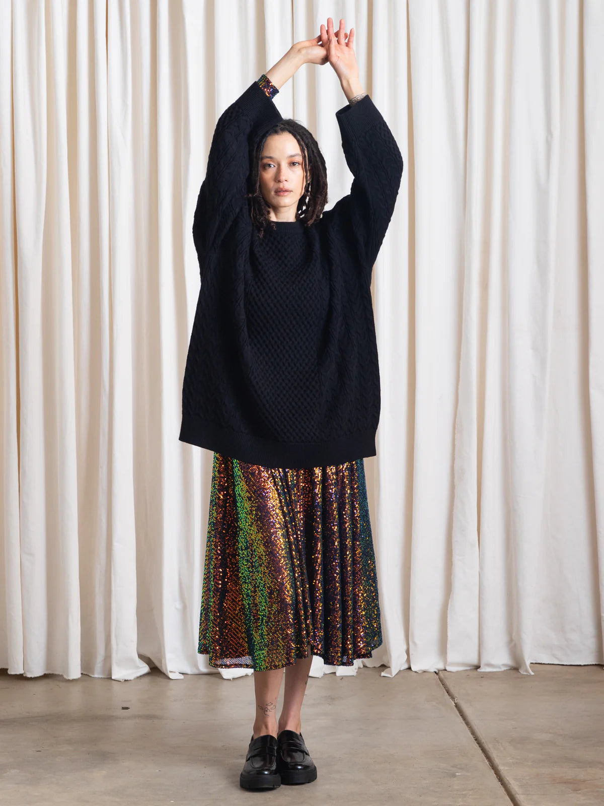 Oversized Cable Knit Sweater - Black