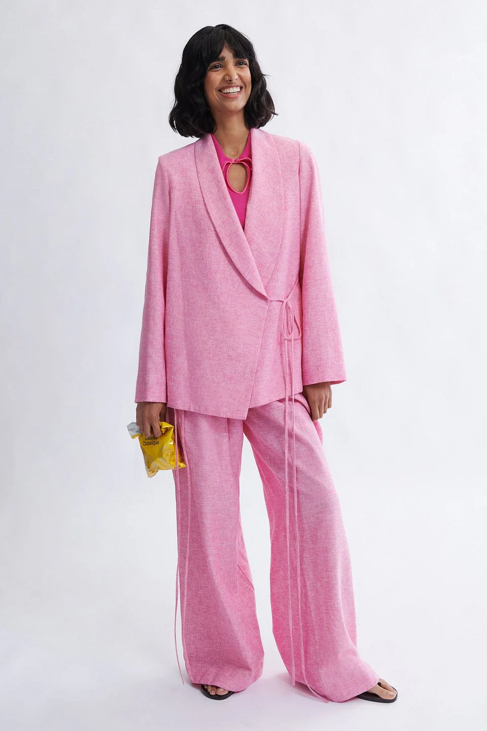 Blythe Blazer and Miranda Trouser in bubblegum styled as a summer suit by Eliza Faulkner — slow fashion at Ånde