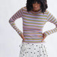 Woman wearing the Jamie fitted ribbed long sleeve top in pink stripe by Eliza Faulkner — ethically made in Canada, available at Ånde