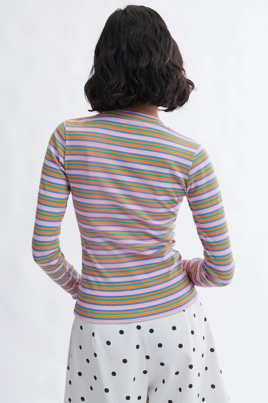 
Jamie long sleeve crew neck rib knit top in pink stripe styled with trousers by Eliza Faulkner at Ånde slow fashion store