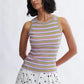 Woman wearing the Linnea fitted ribbed tank top in pink stripe by Eliza Faulkner — ethically made in Canada, available at Ånde