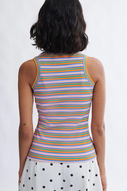 
Linnea cotton rib knit tank in pink stripe styled for summer by Eliza Faulkner — slow fashion women's tops at Ånde