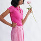 Close-up of keyhole neckline on the Percy Polo Top in raspberry by Eliza Faulkner — slow fashion women's tops at Ånde