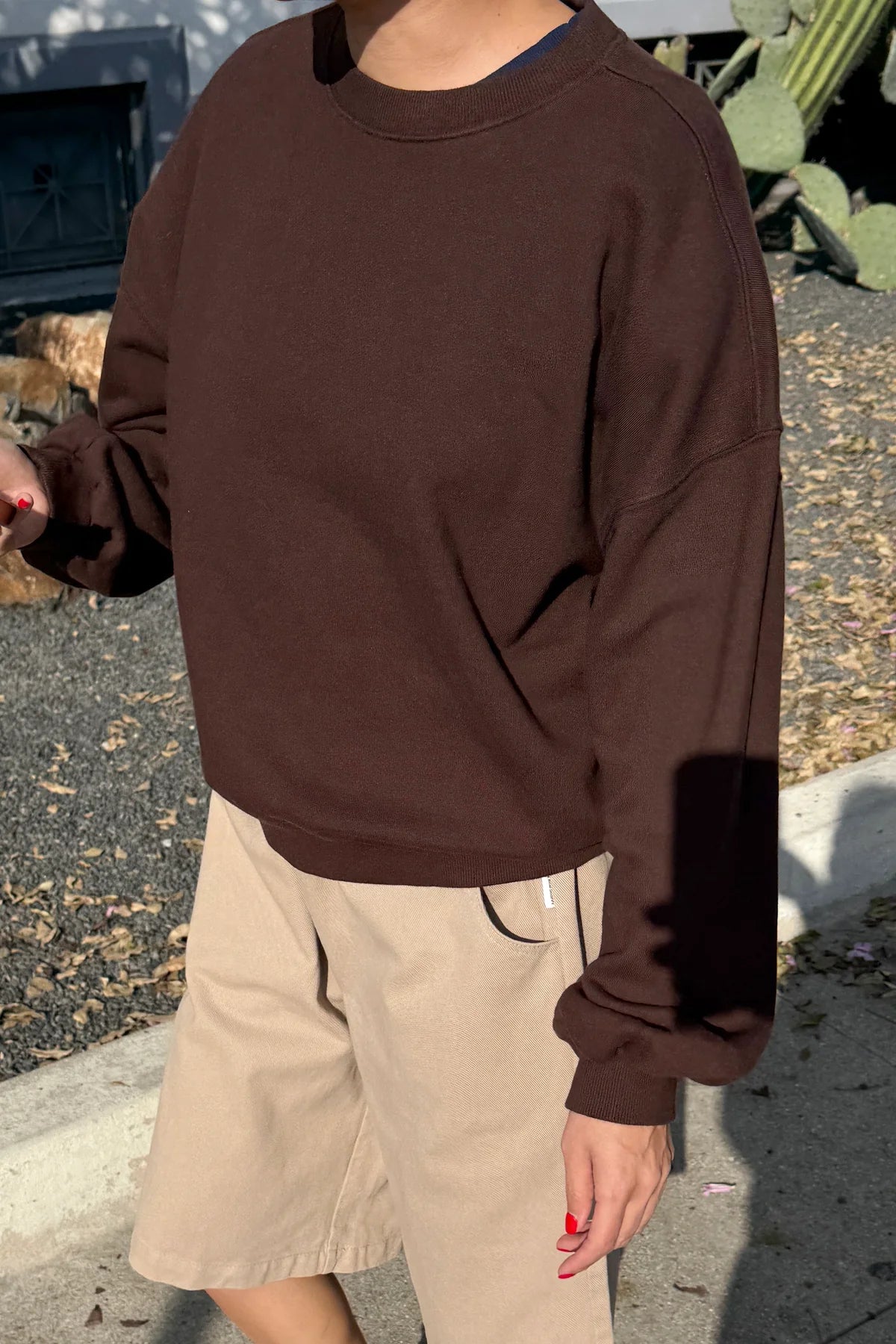 Close-up of Le Bon Shoppe French Terry Core Sweatshirt in cocoa bean showing boxy relaxed fit and raglan seam detail, styled with cream shorts against an outdoor garden background