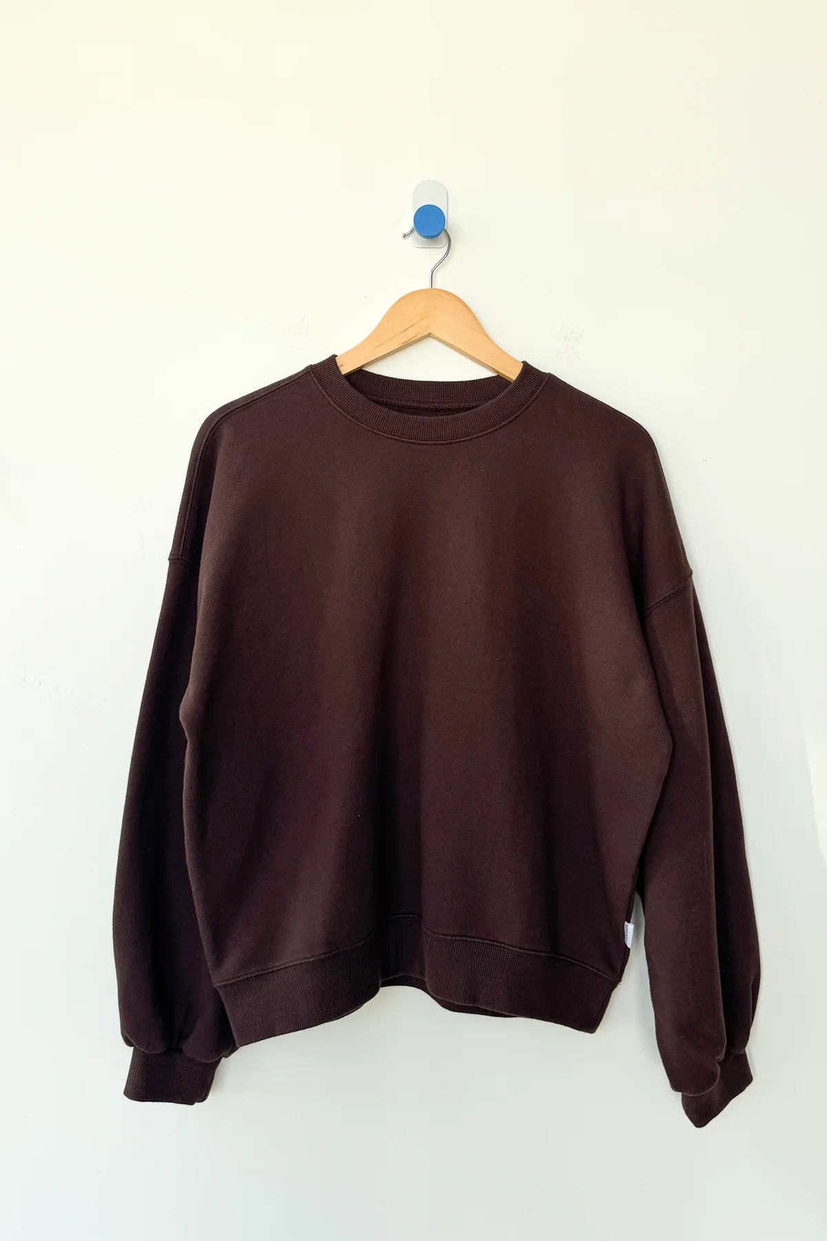 Le Bon Shoppe French Terry Core Sweatshirt in cocoa bean on a wooden hanger against a white wall, showing full boxy silhouette with ribbed crew neck, cuffs and hem