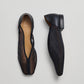 Close-up of tulip-shaped upper and squared toe on the Porto black mesh flat by LoQ — ethical footwear at Ånde