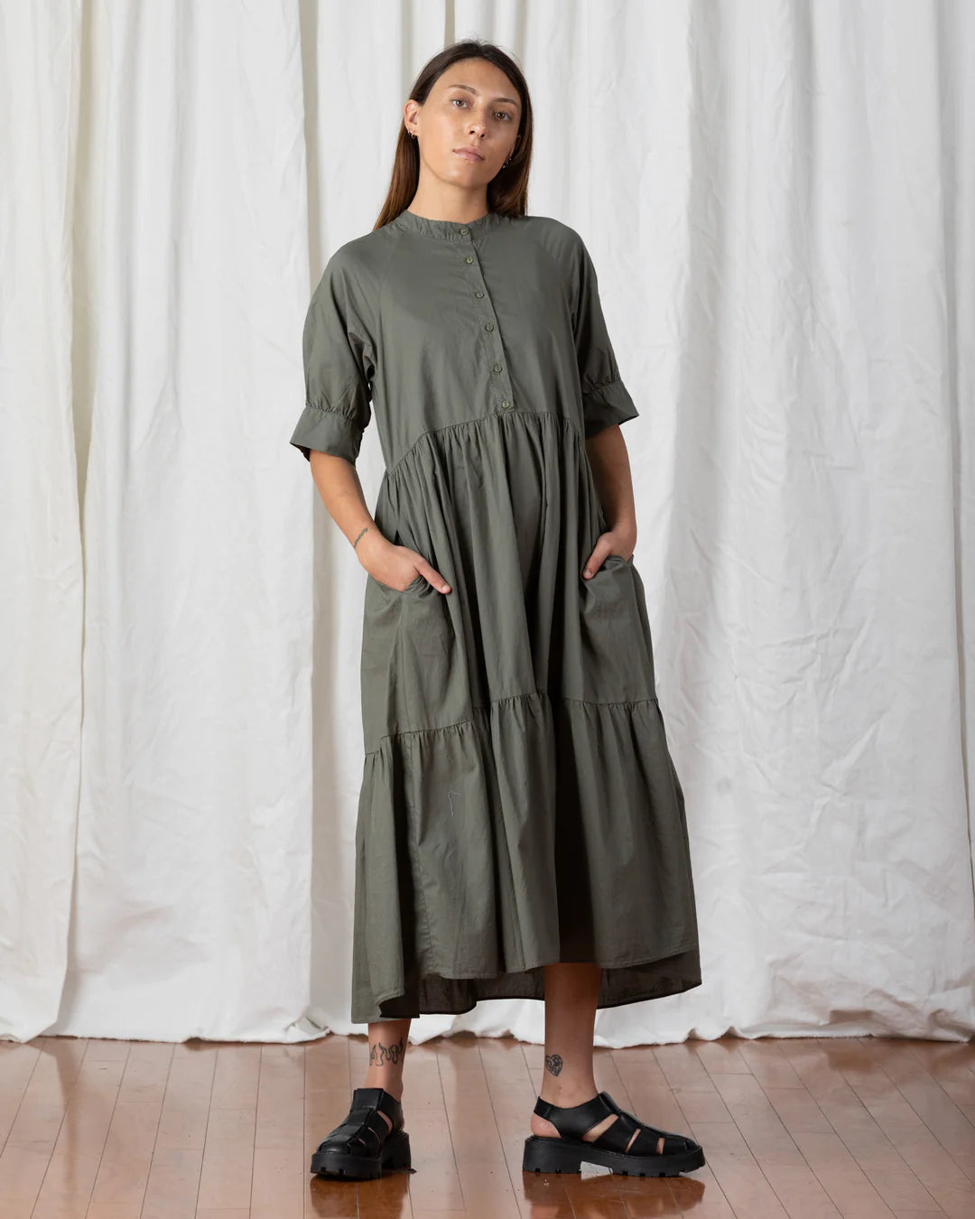Raglan Tiered Dress - Faded Olive