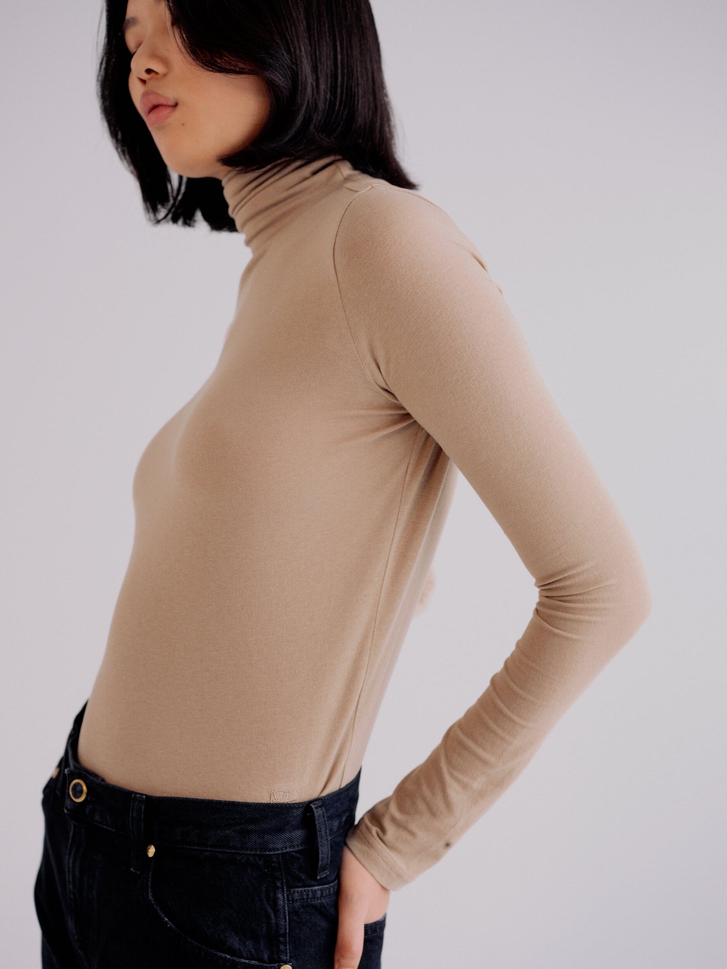 Roll Neck Jersey Top- Taupe